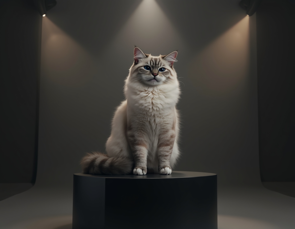 Photorealistic studio portrait of cat sitting elegantly on a black podium under a bright spotlight.